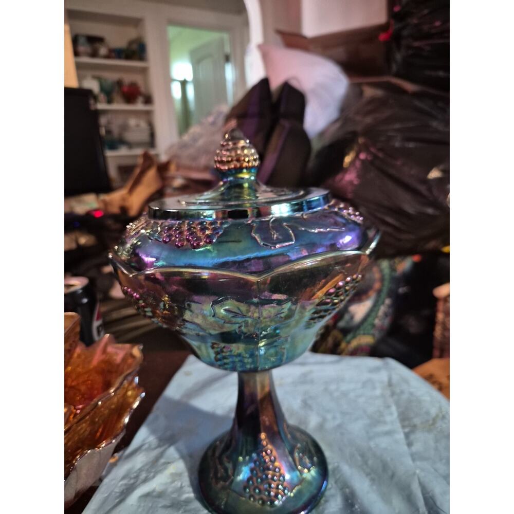 Vintage Indiana Glass Harvest Grape In Blue Pattern Compote Dish With...
